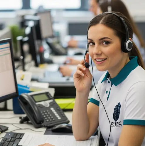 Atendente R-TEC pronta para atendimento imediato